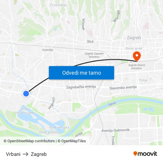 Vrbani to Zagreb map