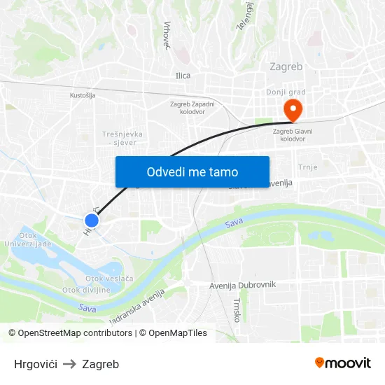 Hrgovići to Zagreb map