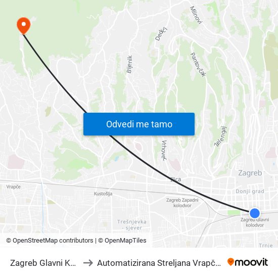 Zagreb Glavni Kolodvor to Automatizirana Streljana Vrapčanski Potok map