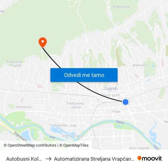 Autobusni Kolodvor to Automatizirana Streljana Vrapčanski Potok map
