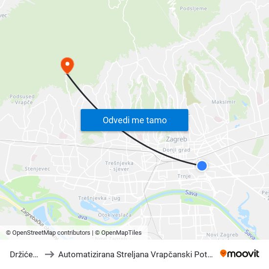 Držićeva to Automatizirana Streljana Vrapčanski Potok map