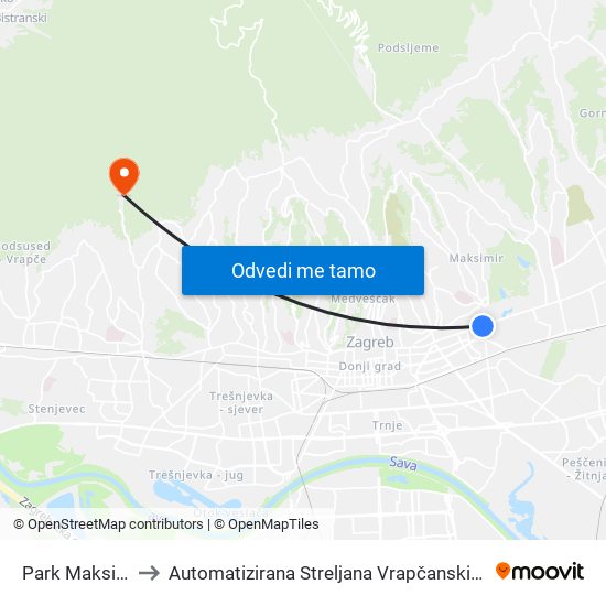 Park Maksimir to Automatizirana Streljana Vrapčanski Potok map