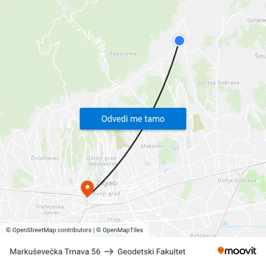 Markuševečka Trnava 56 to Geodetski Fakultet map