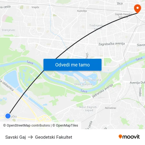 Savski Gaj to Geodetski Fakultet map