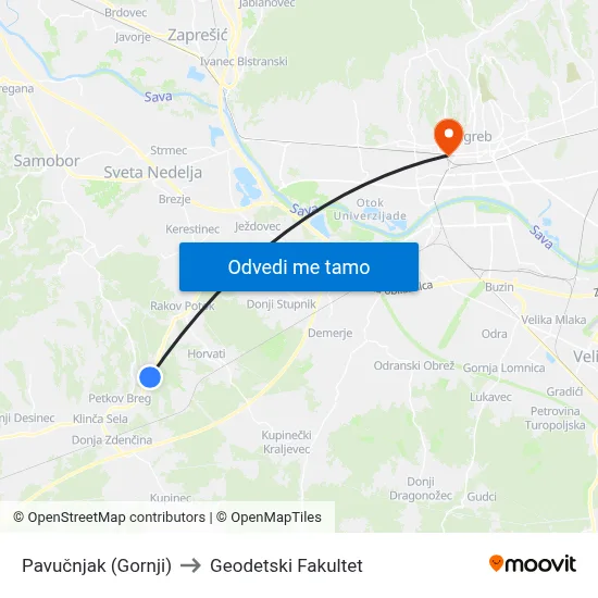Pavučnjak (Gornji) to Geodetski Fakultet map