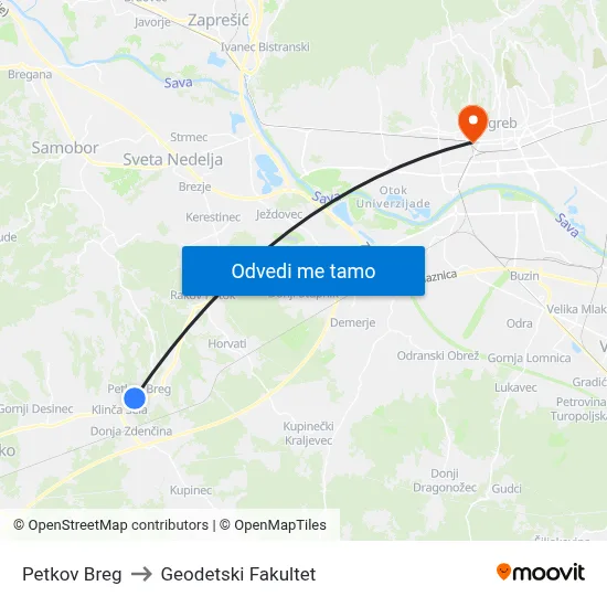 Petkov Breg to Geodetski Fakultet map