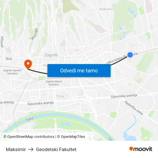 Maksimir to Geodetski Fakultet map
