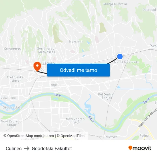 Culinec to Geodetski Fakultet map