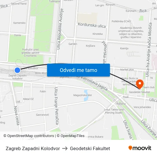 Zagreb Zapadni Kolodvor to Geodetski Fakultet map