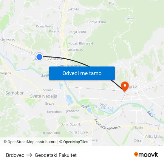 Brdovec to Geodetski Fakultet map