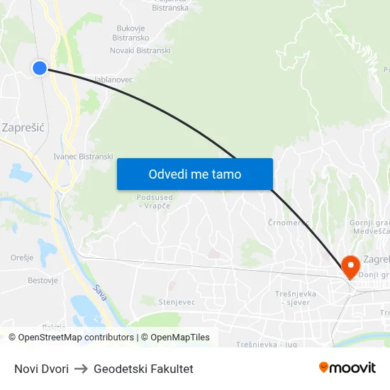 Novi Dvori to Geodetski Fakultet map