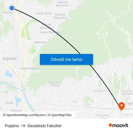 Pojatno to Geodetski Fakultet map