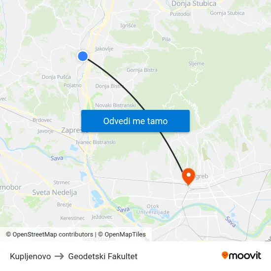 Kupljenovo to Geodetski Fakultet map
