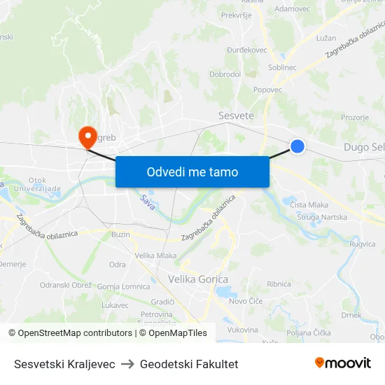 Sesvetski Kraljevec to Geodetski Fakultet map