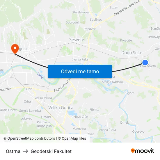 Ostrna to Geodetski Fakultet map