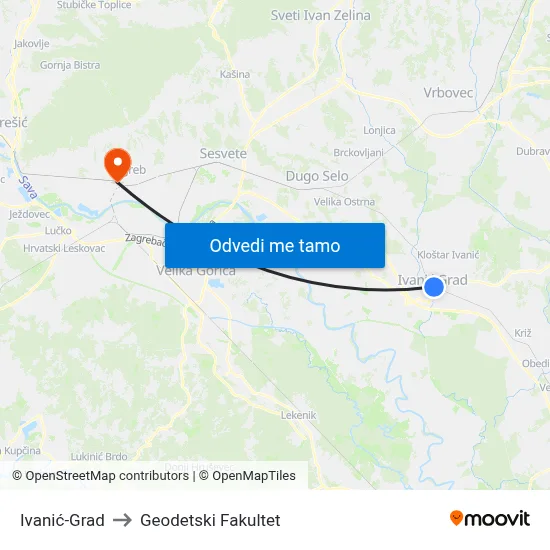 Ivanić-Grad to Geodetski Fakultet map