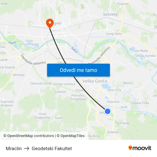 Mraclin to Geodetski Fakultet map
