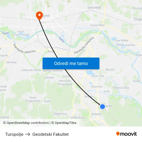 Turopolje to Geodetski Fakultet map