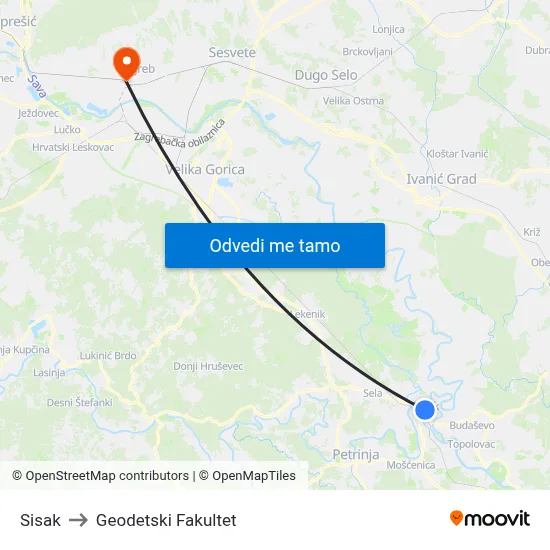 Sisak to Geodetski Fakultet map