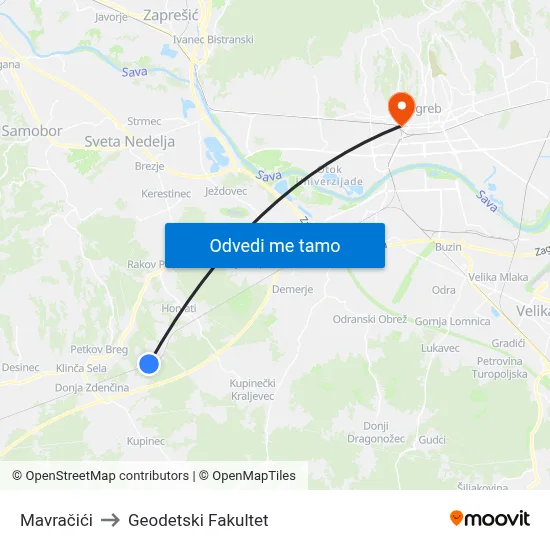 Mavračići to Geodetski Fakultet map
