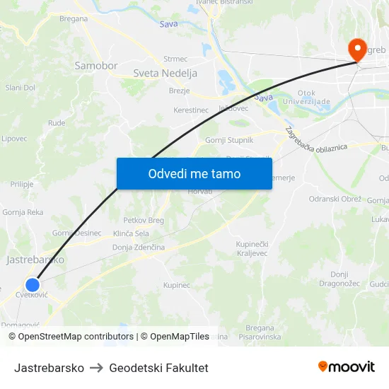 Jastrebarsko to Geodetski Fakultet map