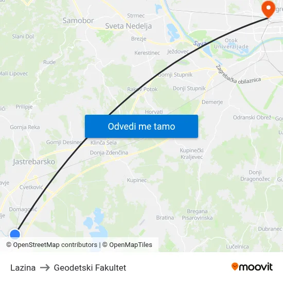 Lazina to Geodetski Fakultet map