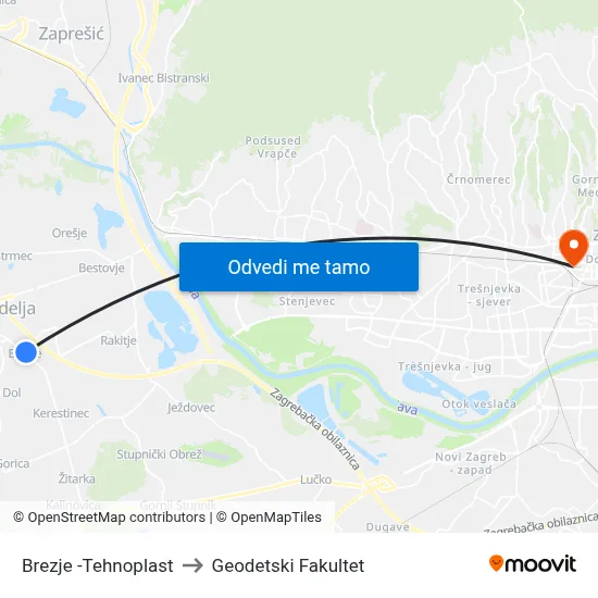 Brezje  -Tehnoplast to Geodetski Fakultet map