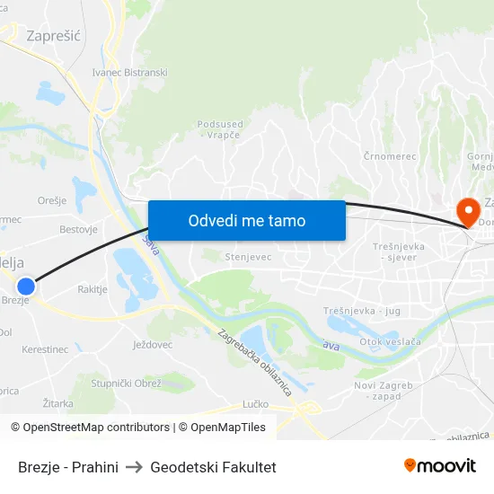 Brezje  - Prahini to Geodetski Fakultet map