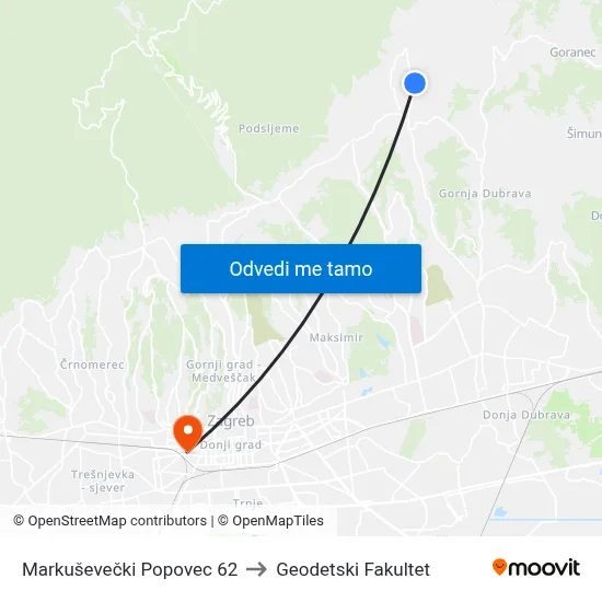 Markuševečki Popovec 62 to Geodetski Fakultet map