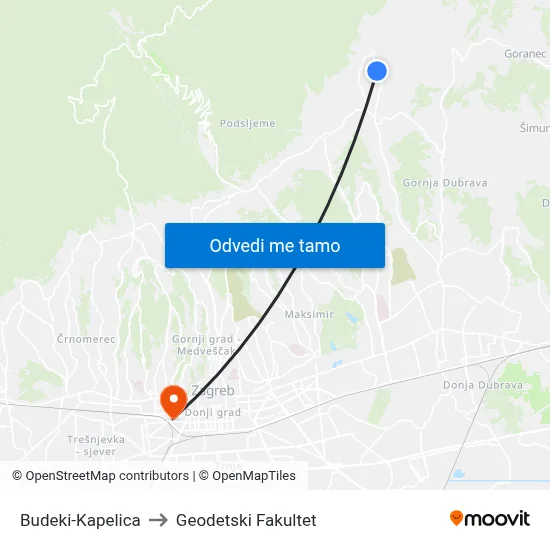 Budeki-Kapelica to Geodetski Fakultet map