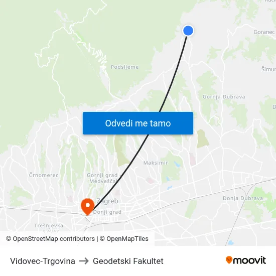 Vidovec-Trgovina to Geodetski Fakultet map