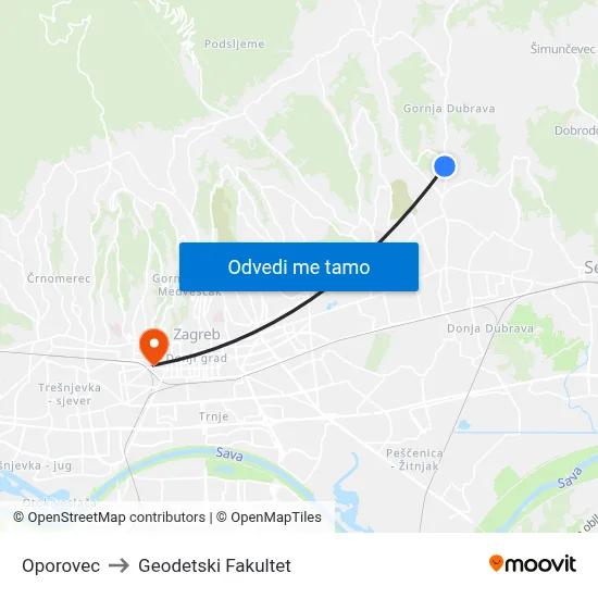 Oporovec to Geodetski Fakultet map