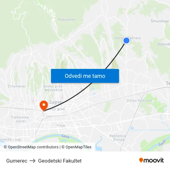 Gumerec to Geodetski Fakultet map