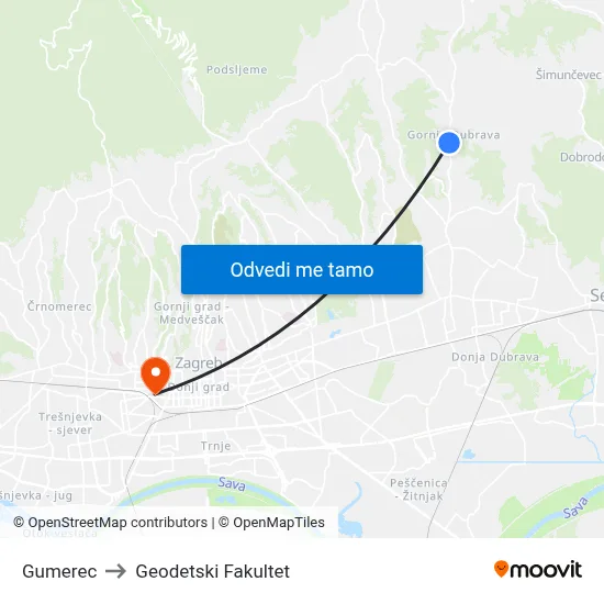 Gumerec to Geodetski Fakultet map