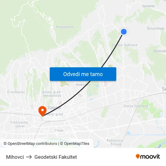 Mihovci to Geodetski Fakultet map