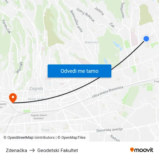 Zdenačka to Geodetski Fakultet map