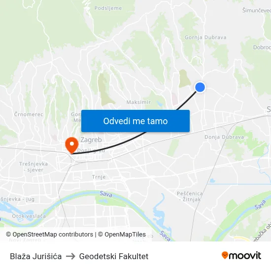 Blaža Jurišića to Geodetski Fakultet map