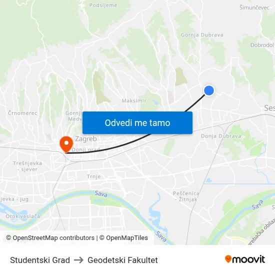 Studentski Grad to Geodetski Fakultet map