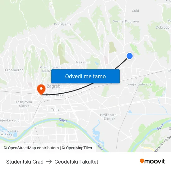 Studentski Grad to Geodetski Fakultet map