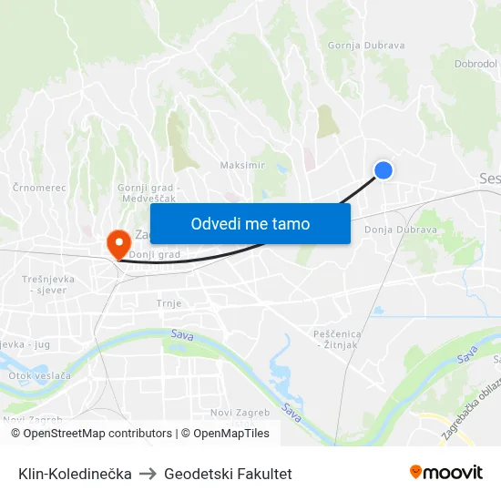 Klin-Koledinečka to Geodetski Fakultet map