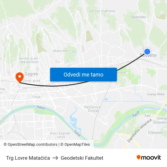 Trg Lovre Matačića to Geodetski Fakultet map