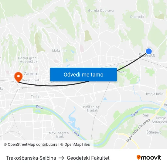 Trakoščanska-Selčina to Geodetski Fakultet map