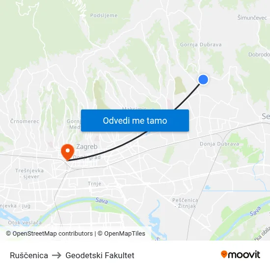 Ruščenica to Geodetski Fakultet map