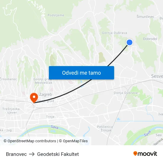 Branovec to Geodetski Fakultet map