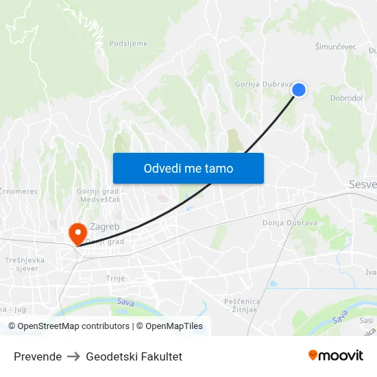 Prevende to Geodetski Fakultet map