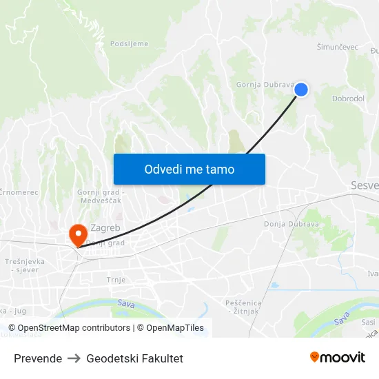 Prevende to Geodetski Fakultet map