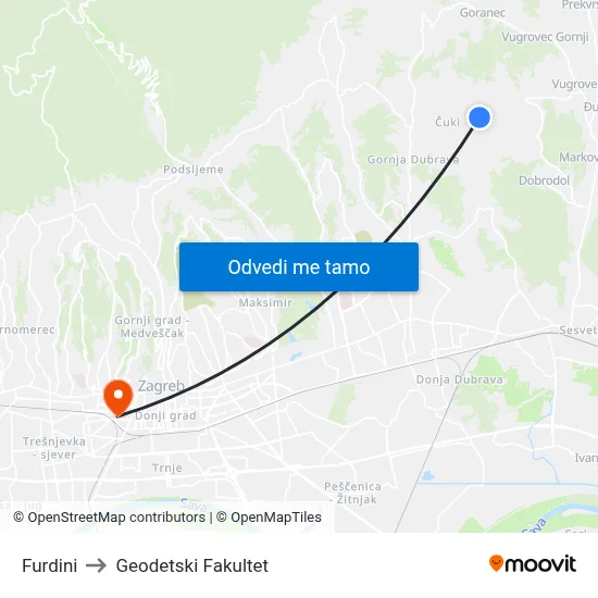 Furdini to Geodetski Fakultet map