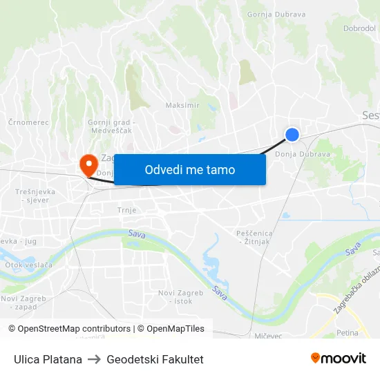 Ulica Platana to Geodetski Fakultet map