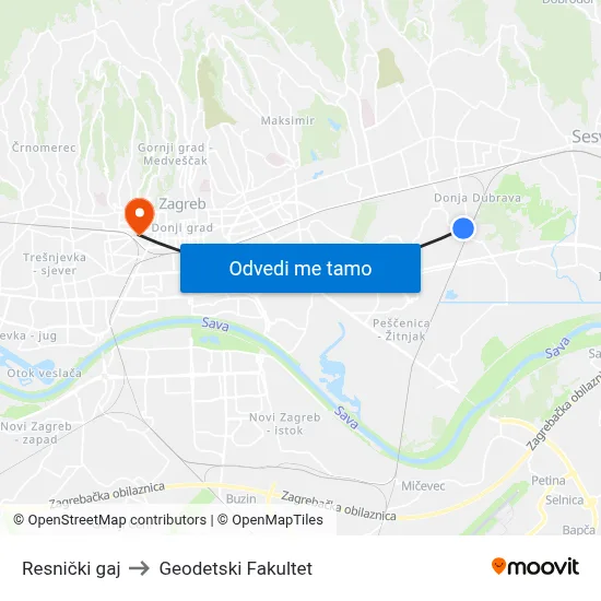 Resnički gaj to Geodetski Fakultet map