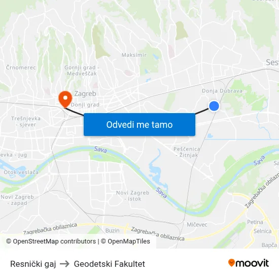 Resnički gaj to Geodetski Fakultet map